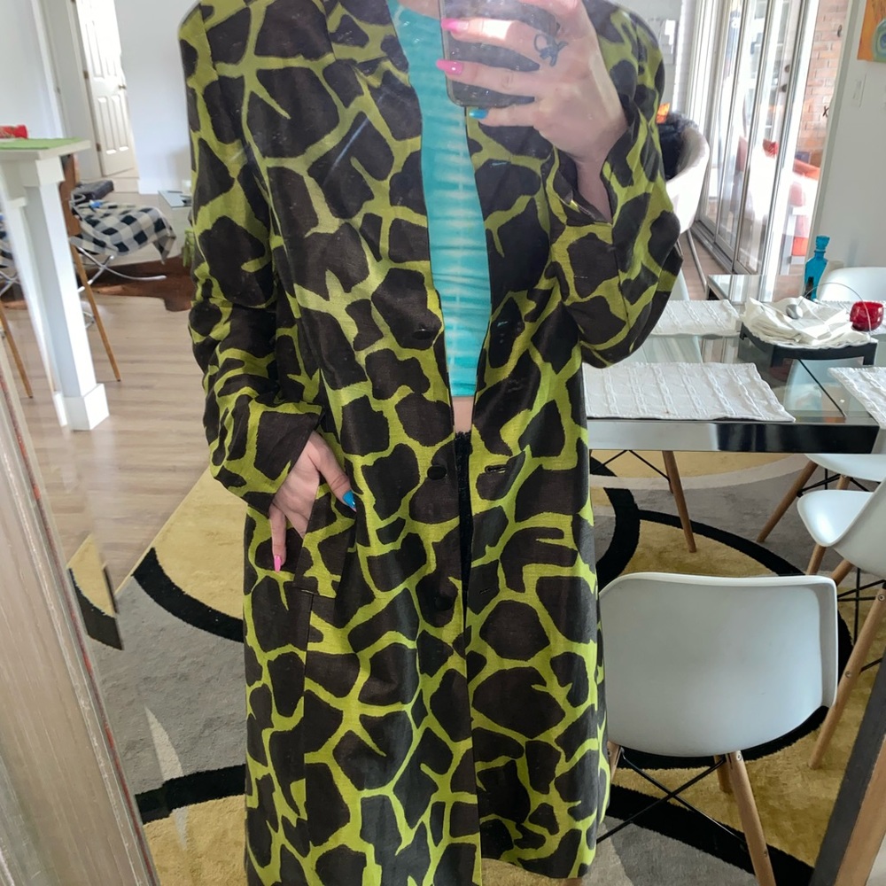 Green and brown cow print long coat